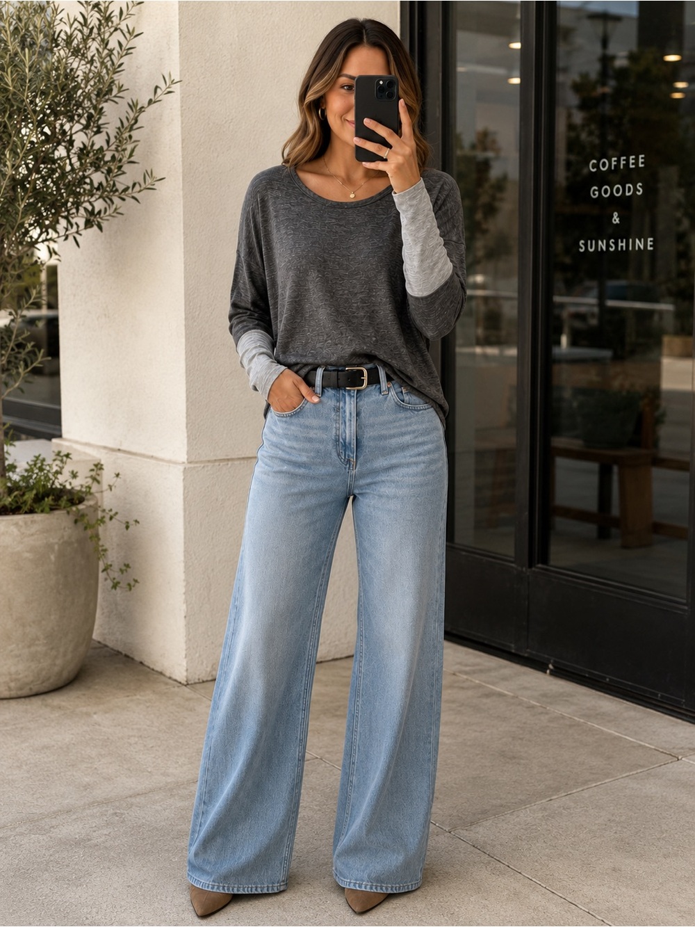 Charcoal Knit Top with Light Gray Sleeve Detail